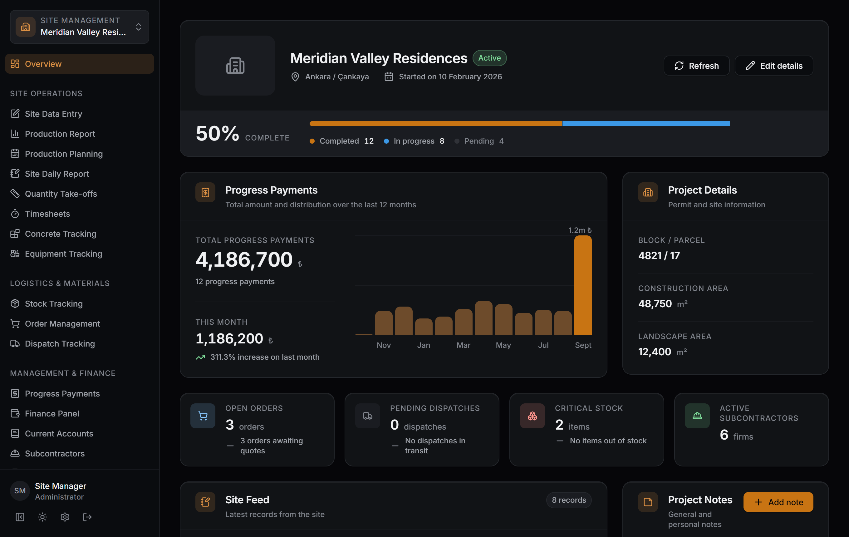 Sitabula on Windows: the project overview screen — progress, the progress-payment chart and project details