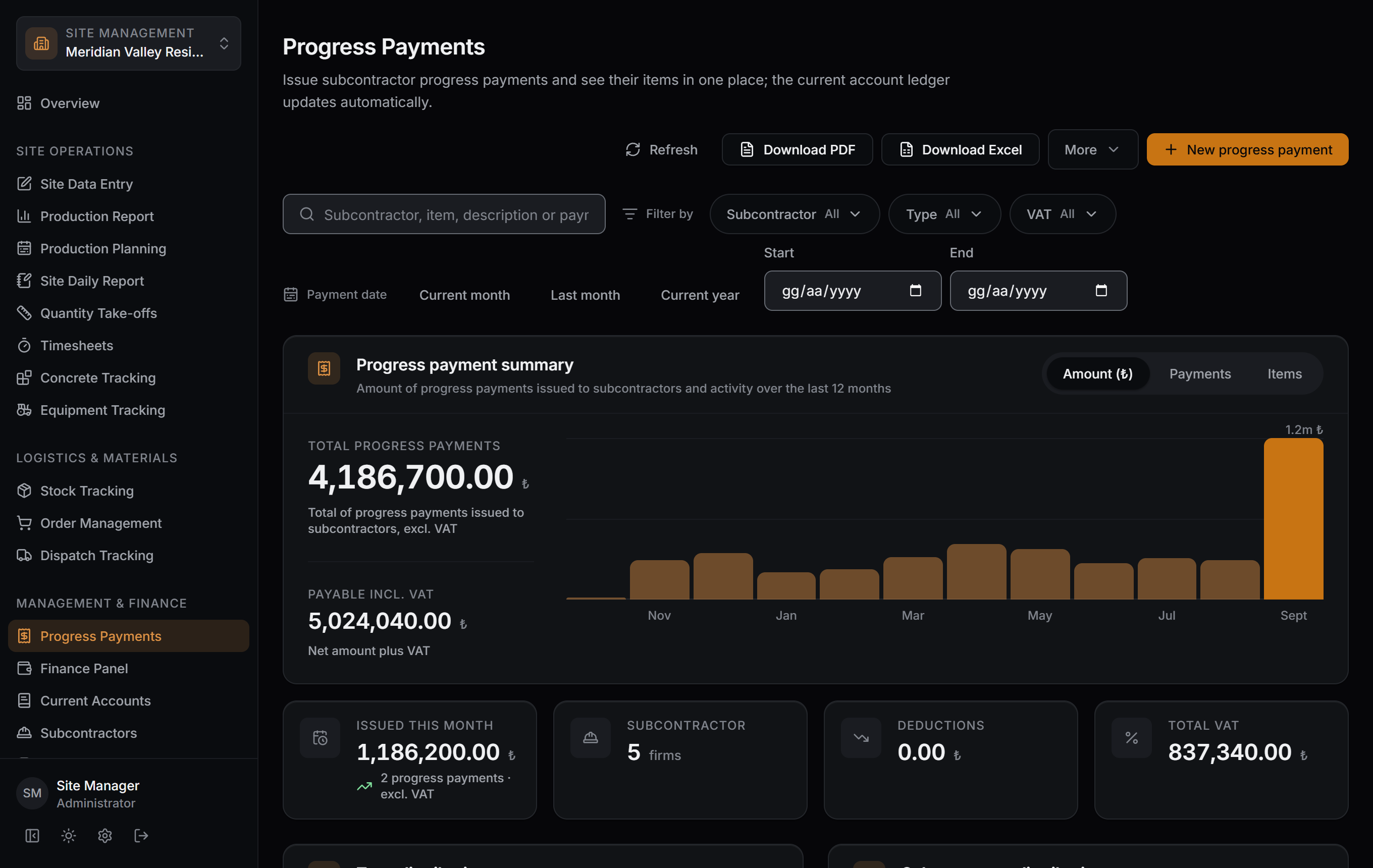 Sitabula on Windows: the progress payments screen — total amount, VAT and the twelve-month distribution