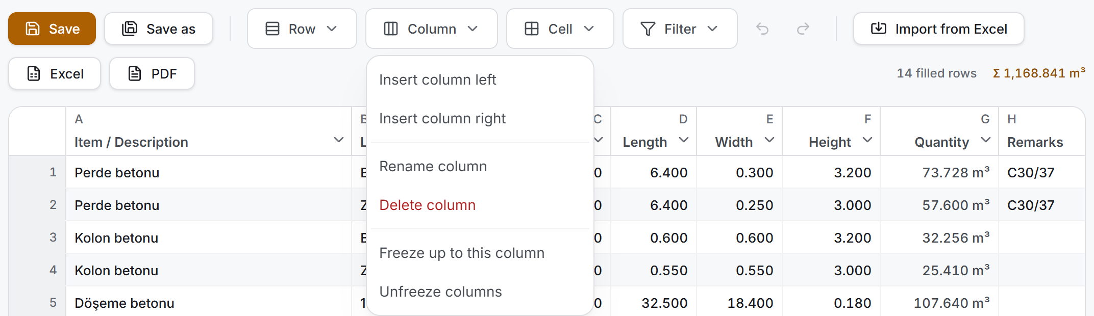 Column menu