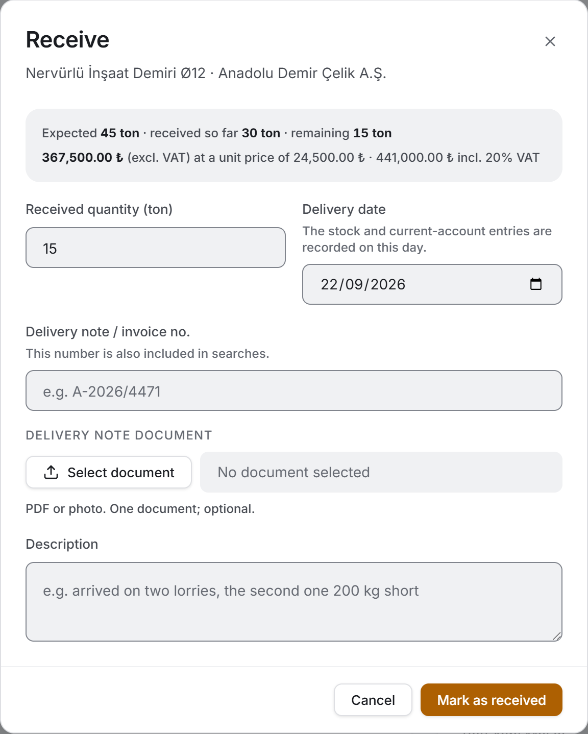 Delivery form