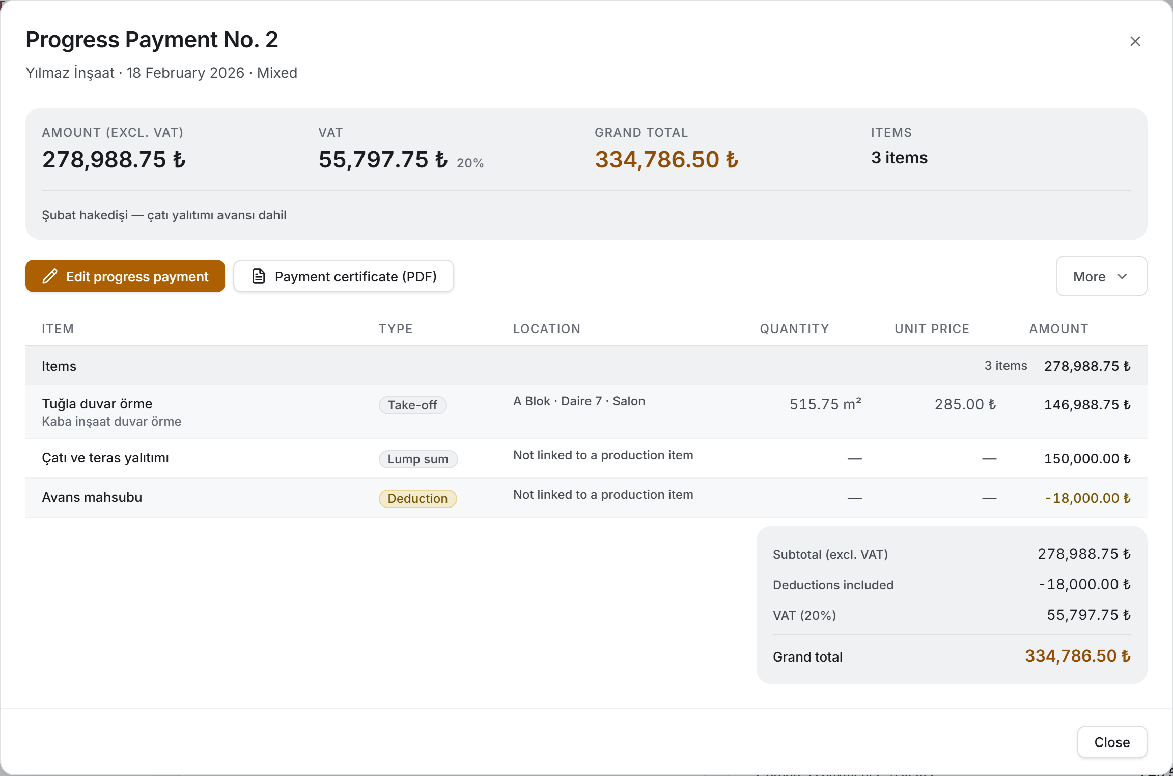 Progress payment panel