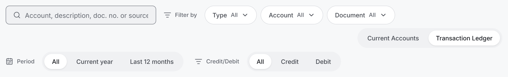 Filter bar of the Transaction Ledger