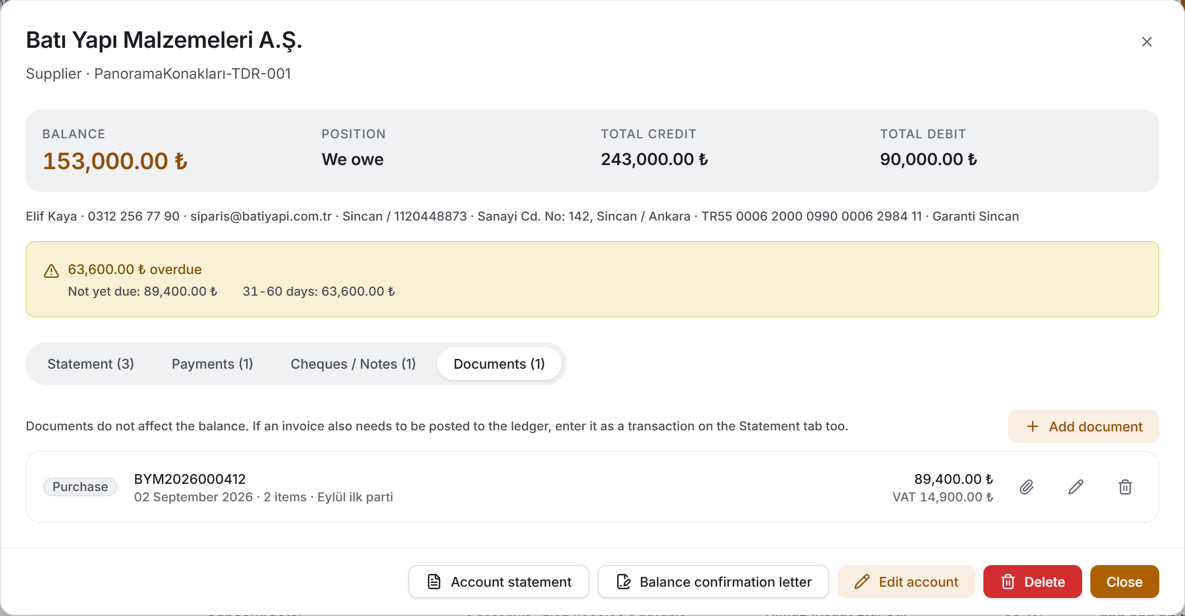 Account panel — Documents