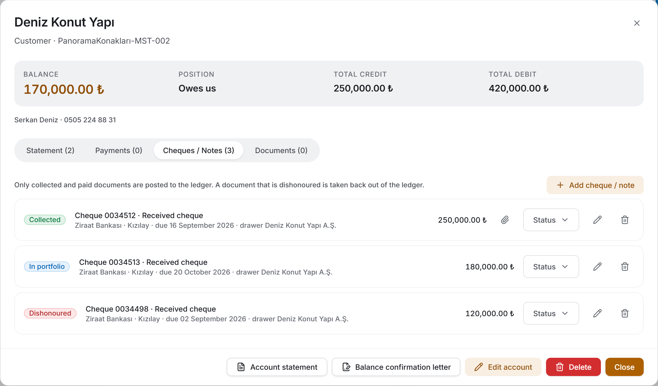 Account panel — Cheques / Notes