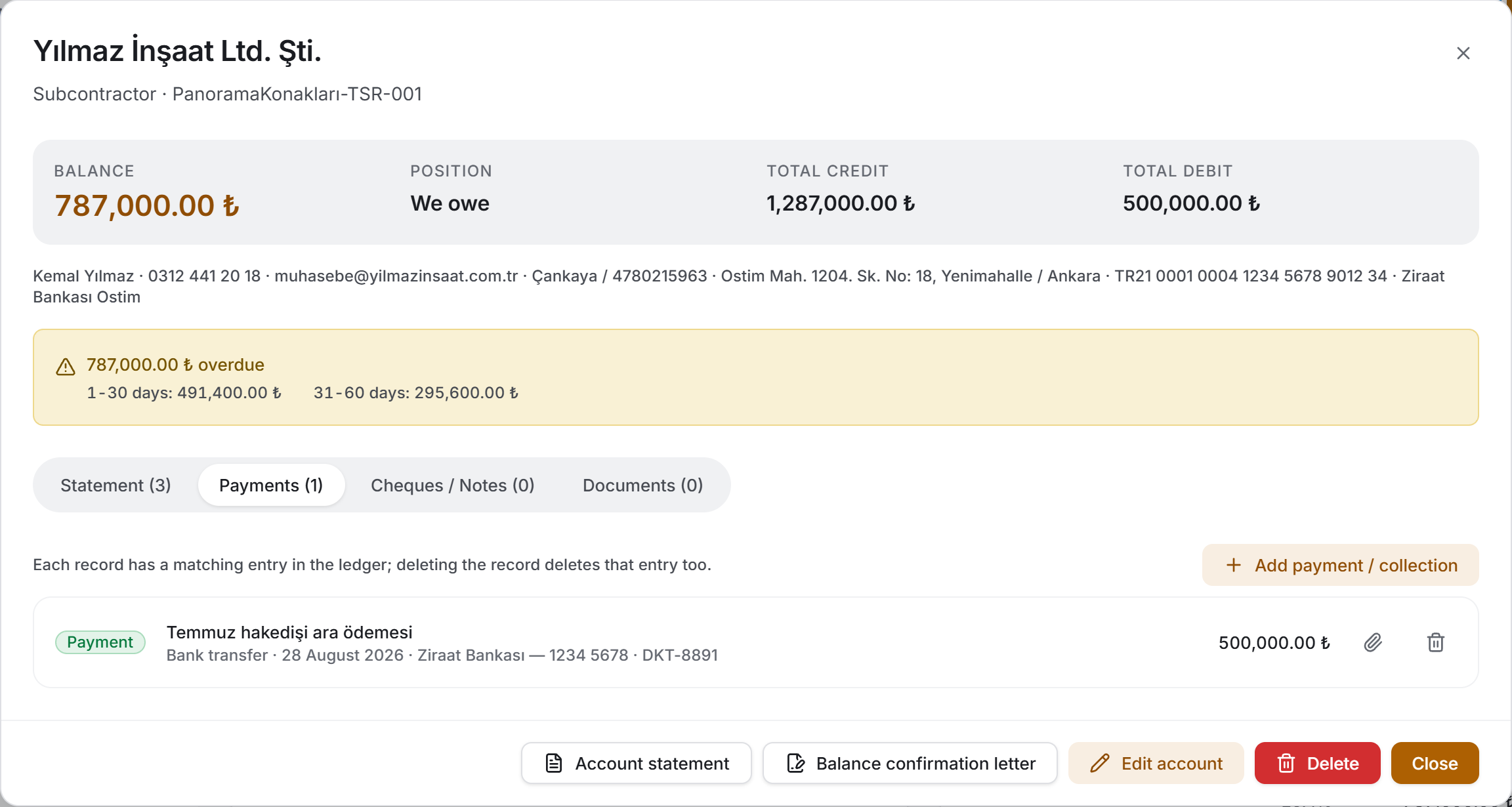 Account panel — Payments