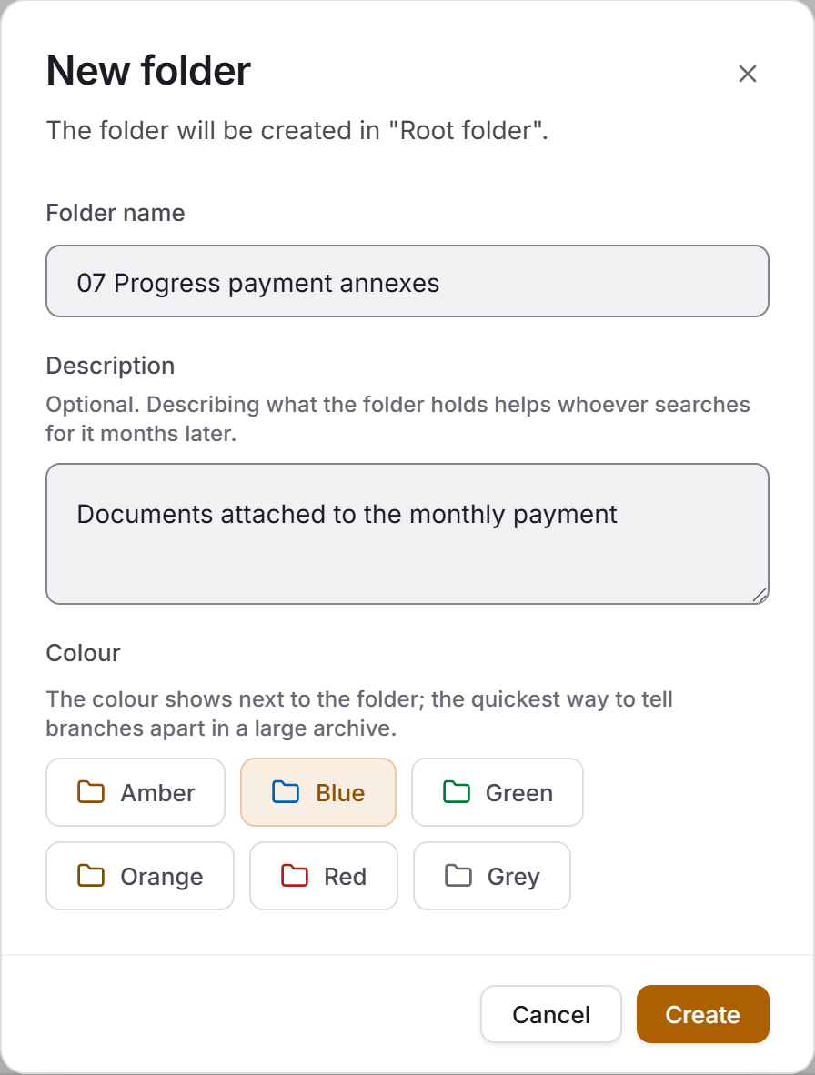 The New folder dialog: name, description and six colours
