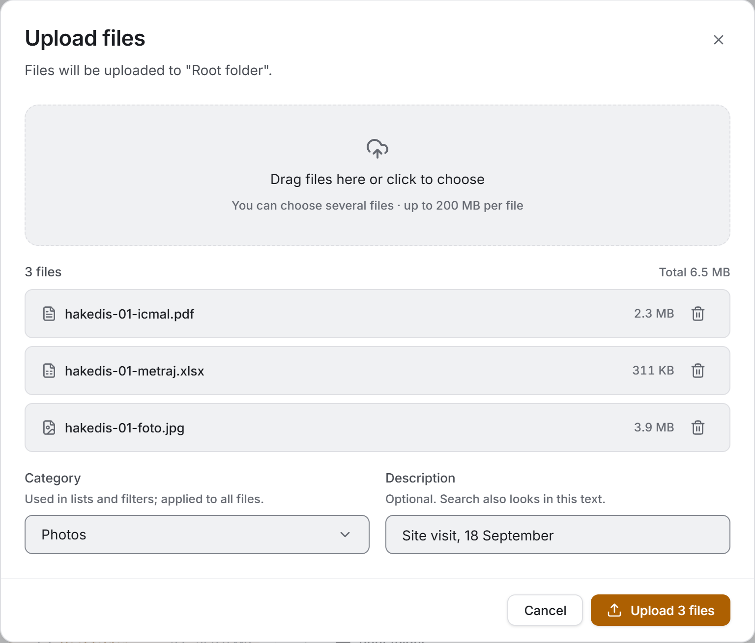 The drop area, the queue, category and description