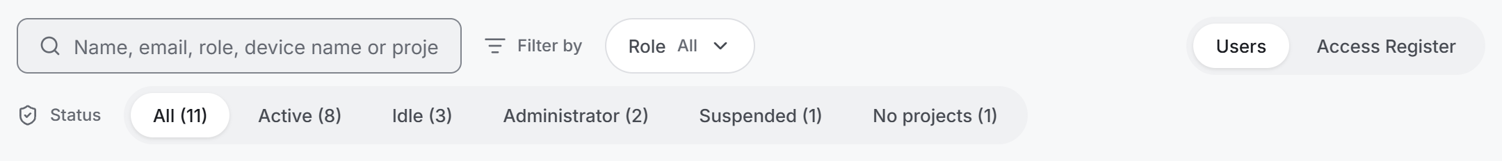 Search box, role filter, status segments and the view switch