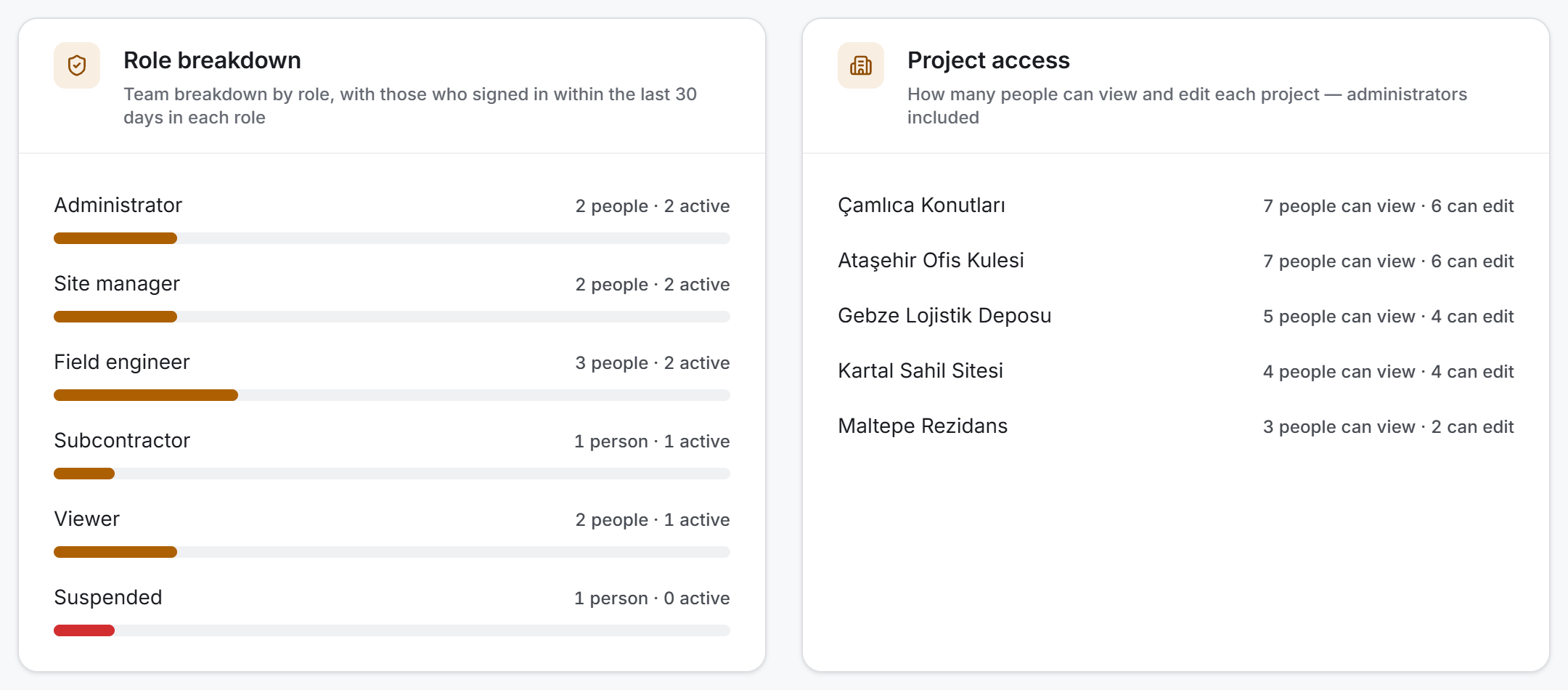 The role breakdown and project access cards