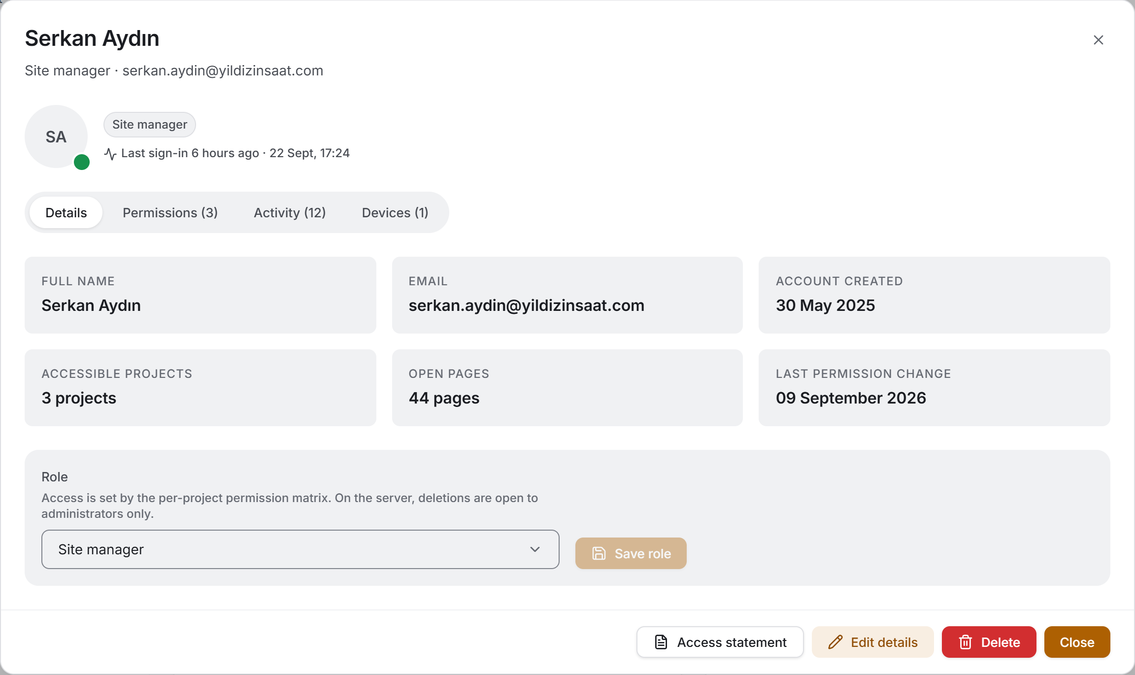 The panel's details tab: identity fields and the role box