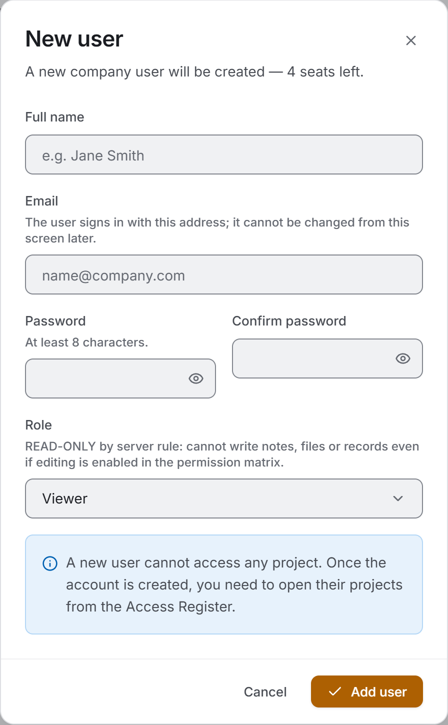 The new user form: name, email, password and role