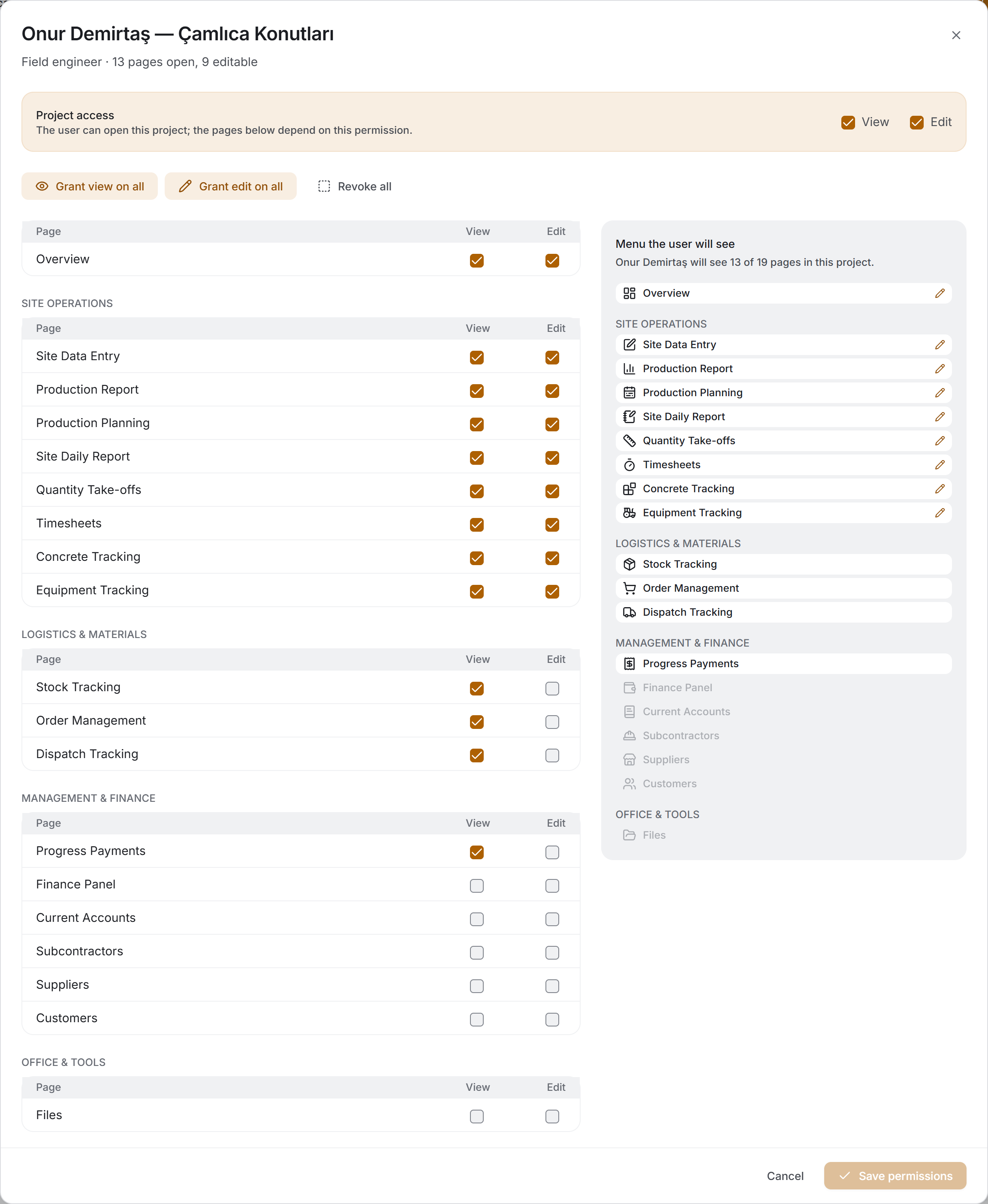 The permission dialog: the matrix on the left, the menu the user will see on the right