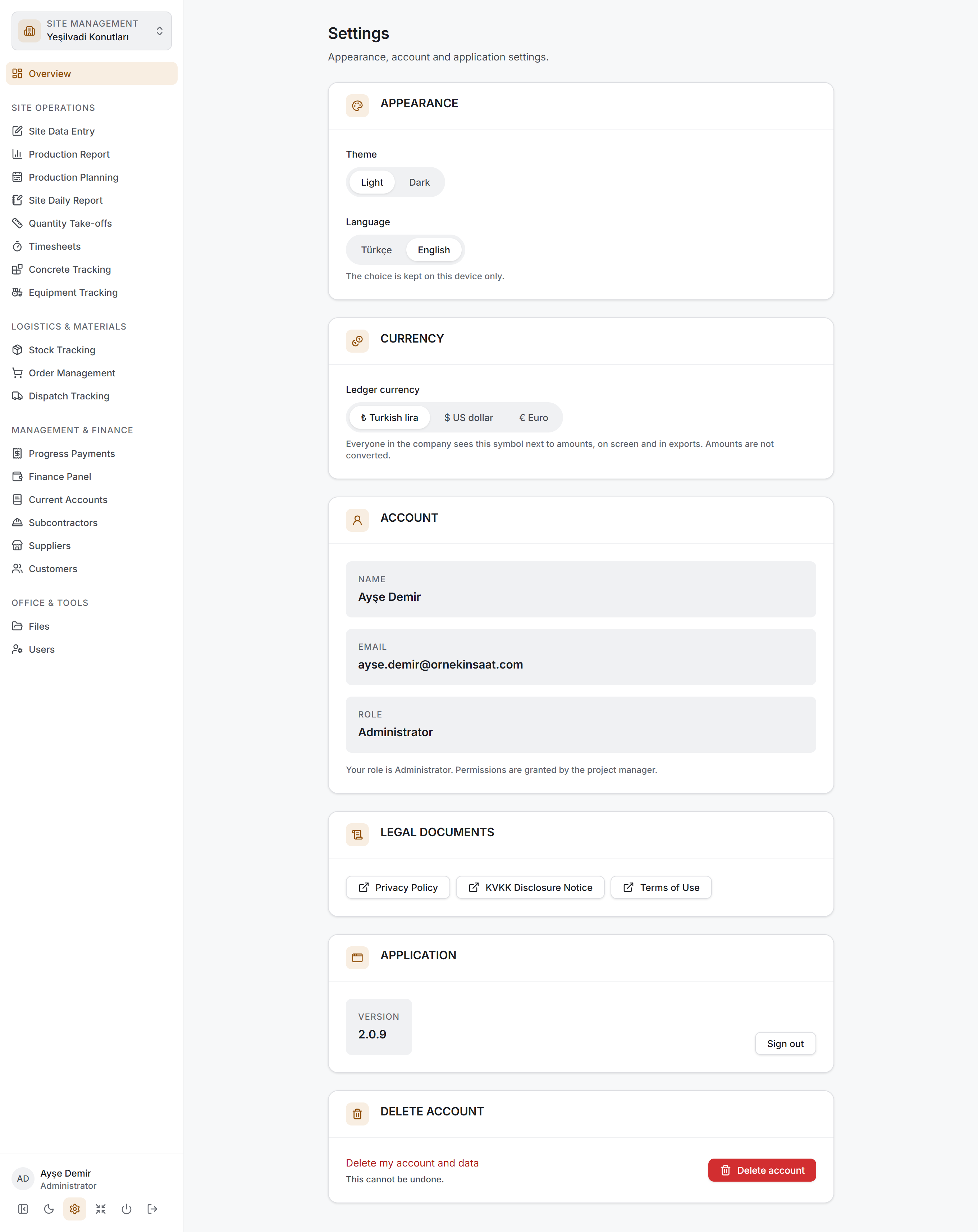 The Settings page: sidebar, heading and the first cards