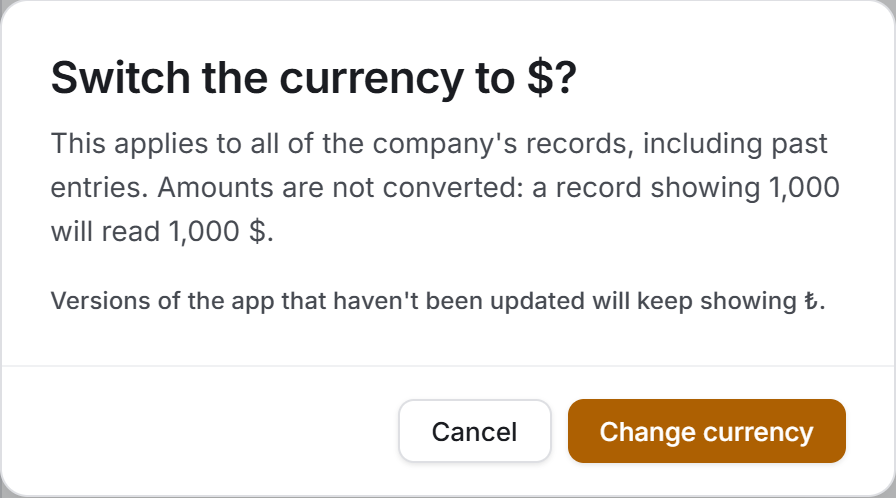 The currency confirmation dialog