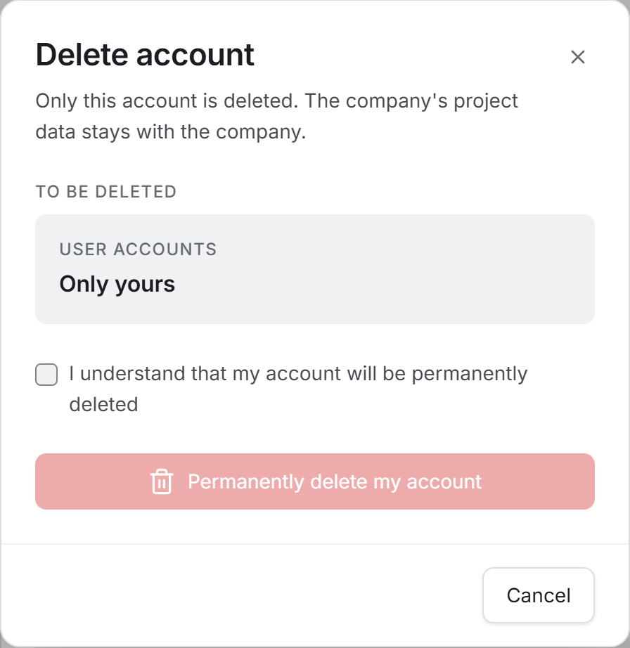 The delete account dialog — own account only