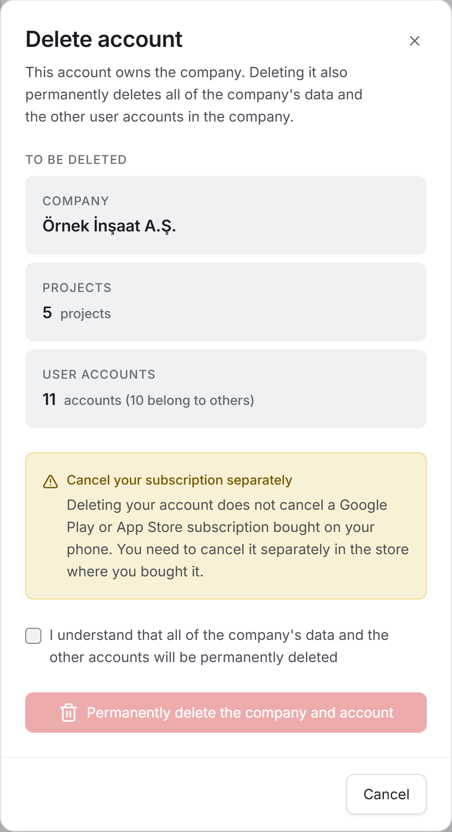 The delete account dialog — company owner