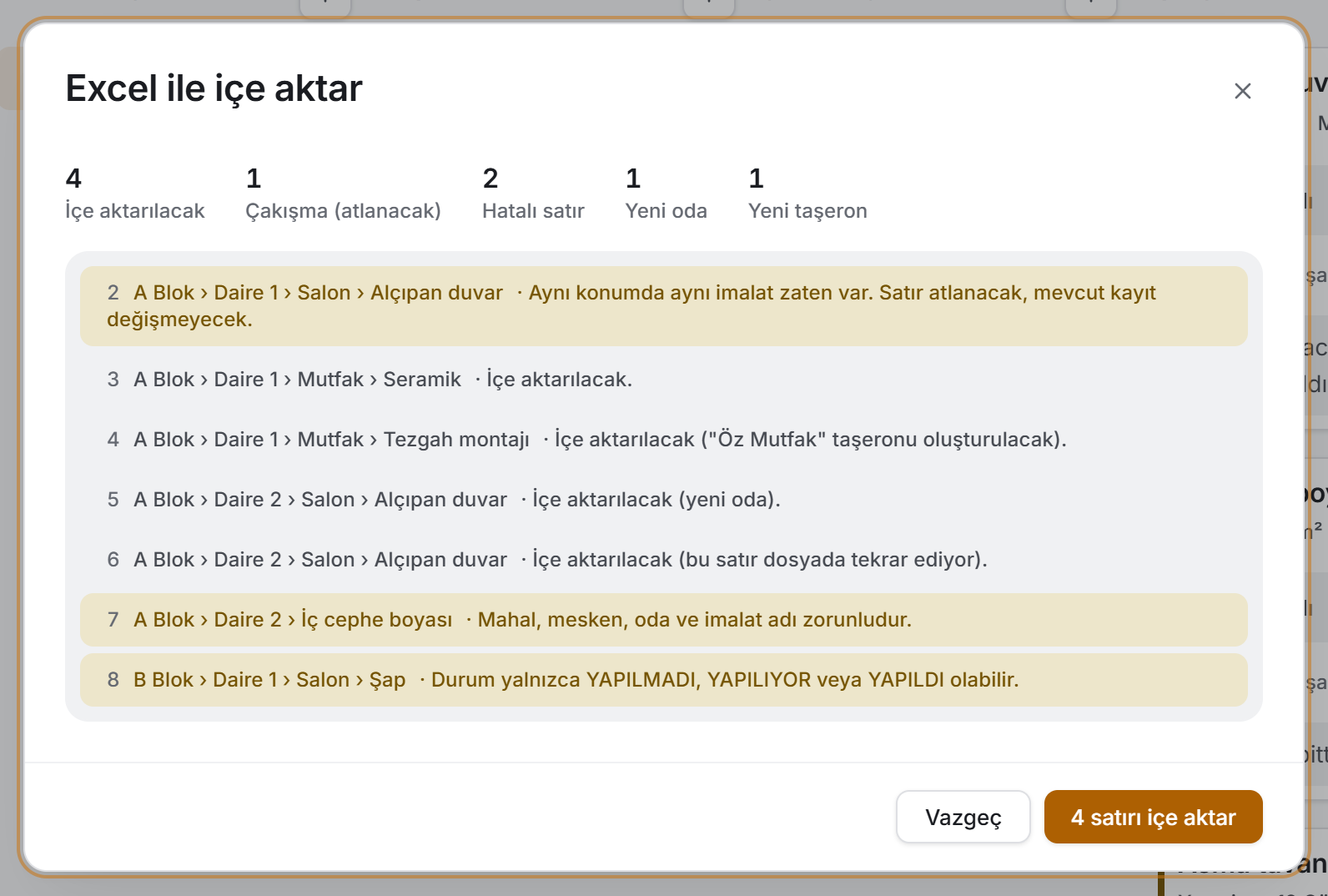 İçe aktarma önizlemesi