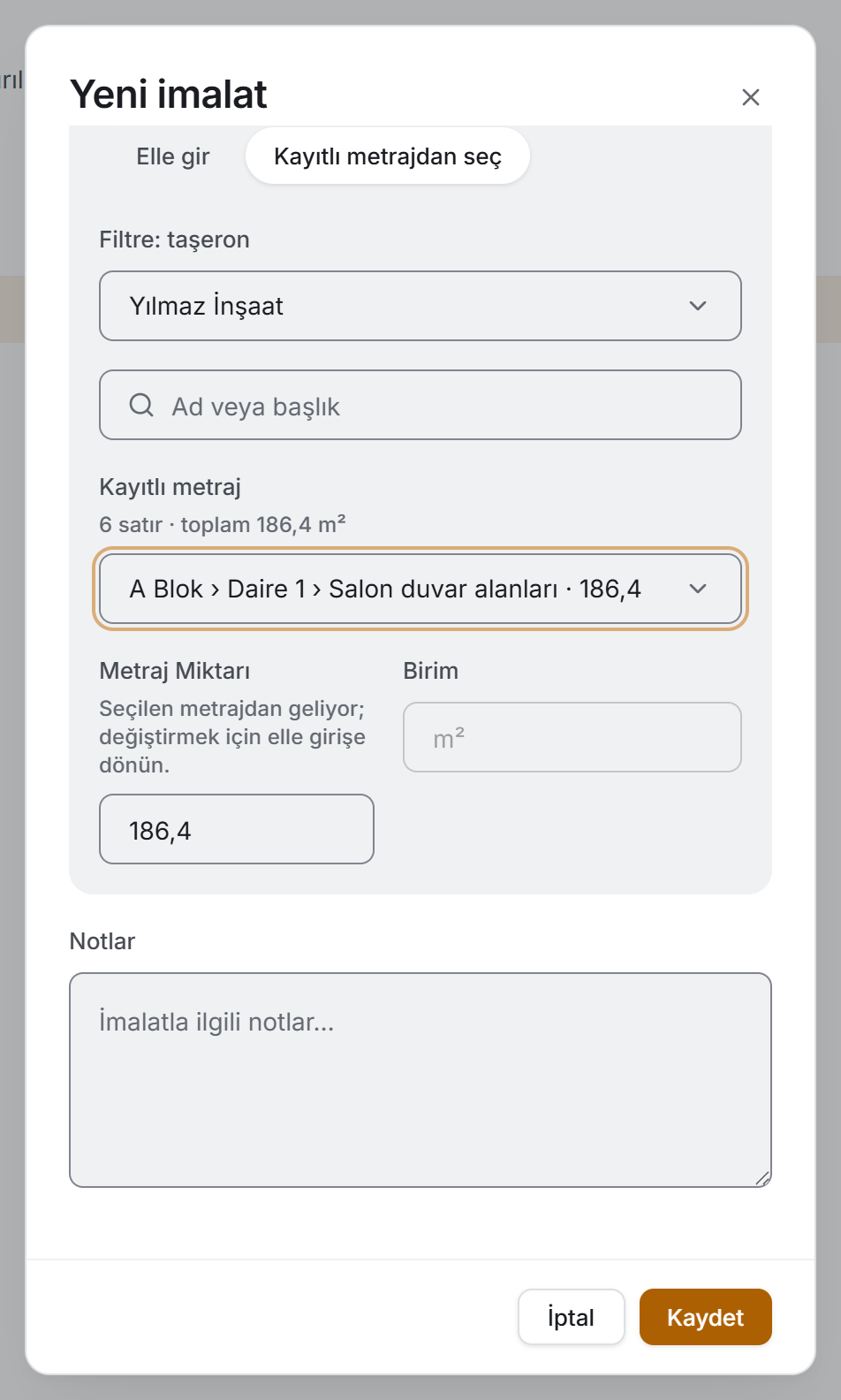 Kayıtlı metrajdan seçmek