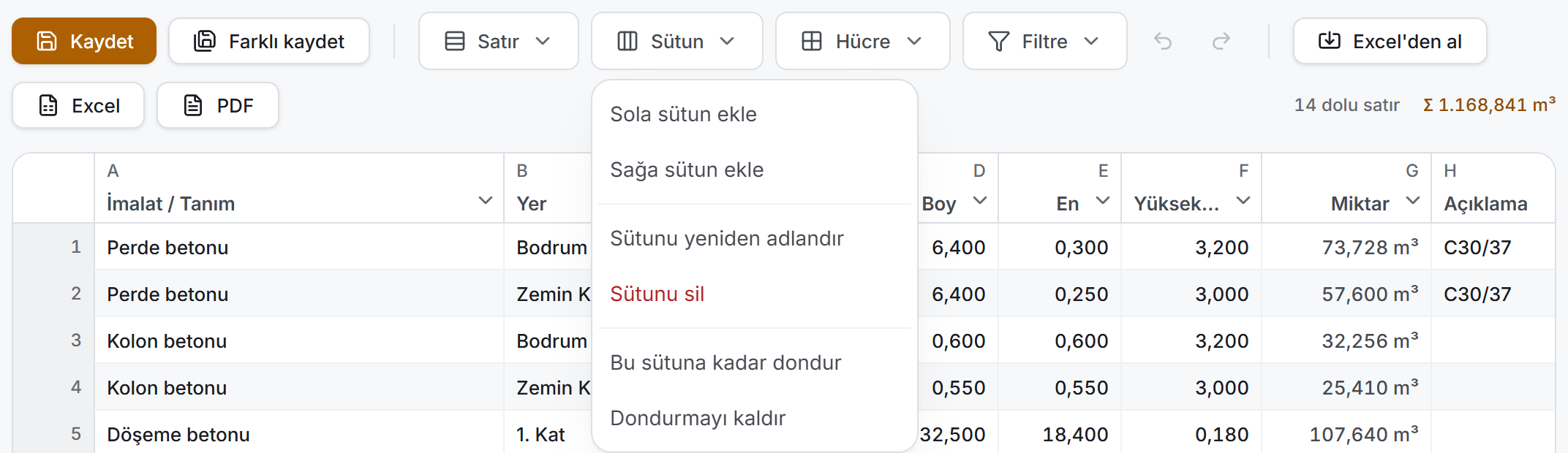 Sütun menüsü