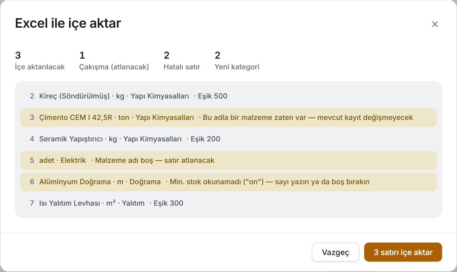 İçe aktarma önizlemesi