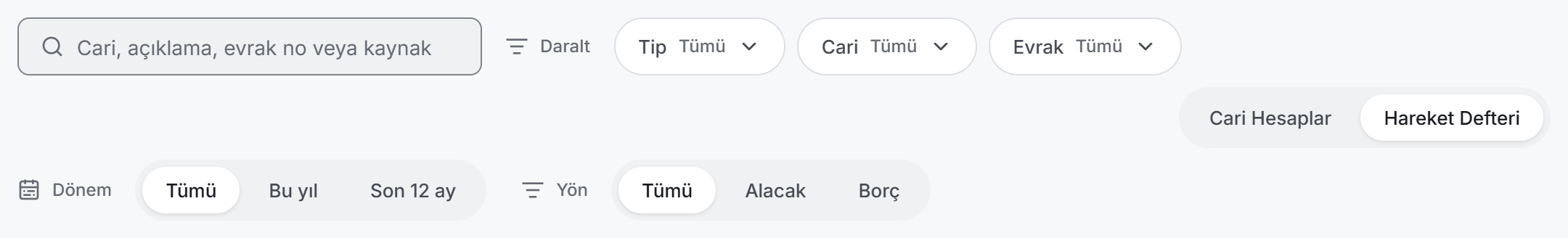 Hareket Defteri'nin filtre çubuğu