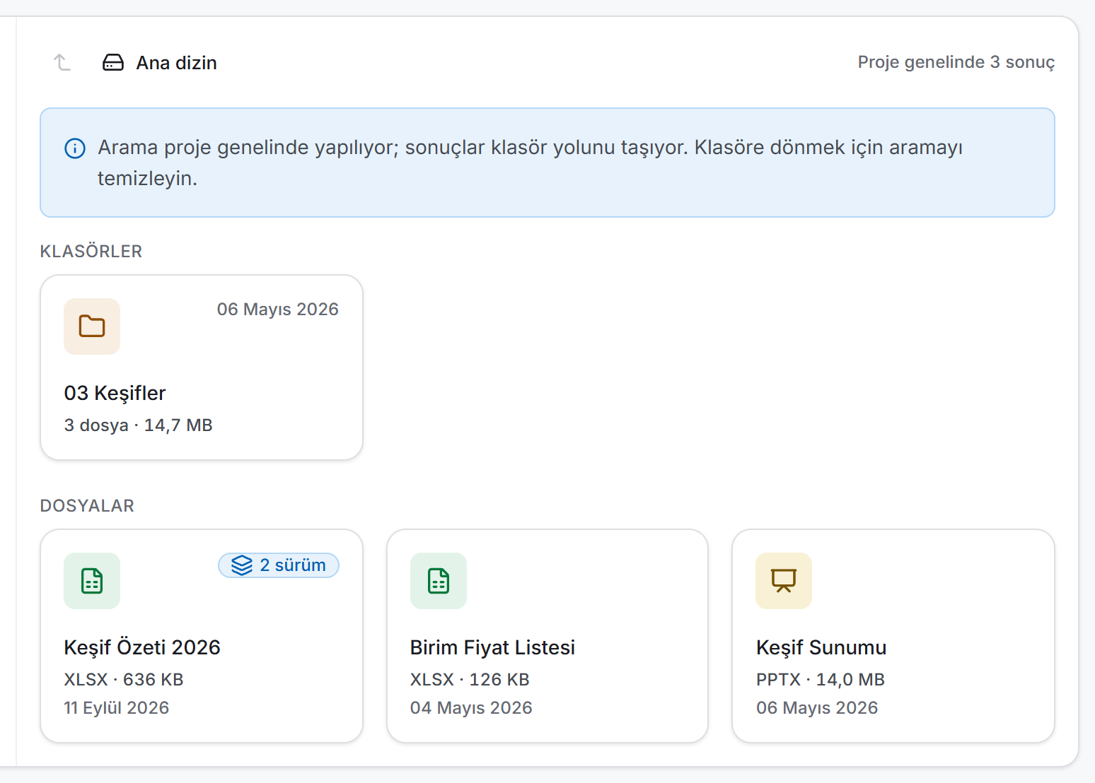 Proje geneli arama: bilgi şeridi, sonuç sayısı ve eşleşen klasörle dosyalar