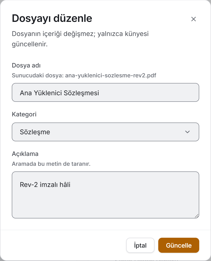 Dosya künyesi düzenleme penceresi