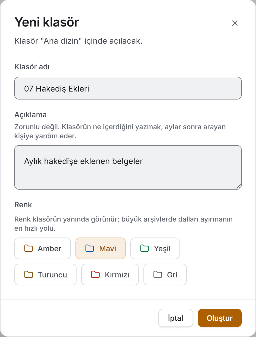 Yeni klasör penceresi: ad, açıklama ve altı renk