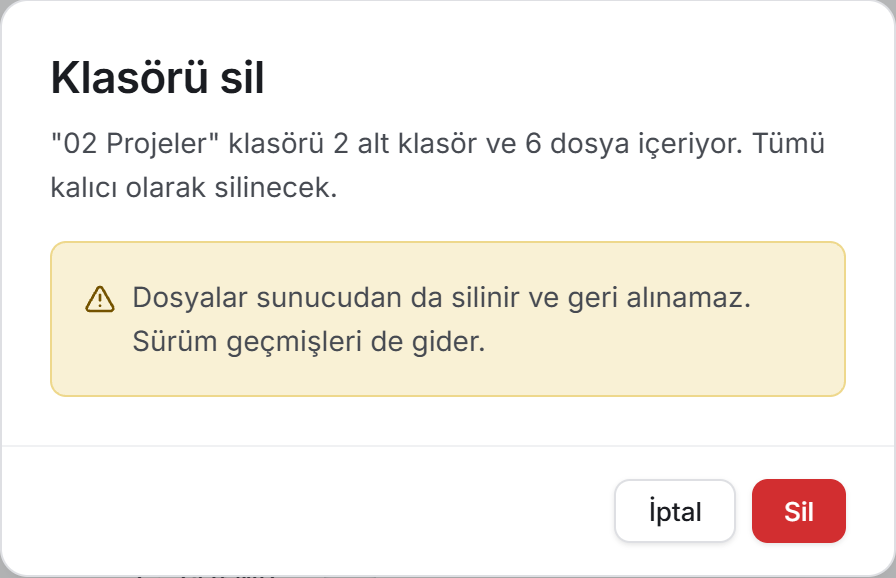 Klasör silme onayı: sayım ve uyarı şeridi