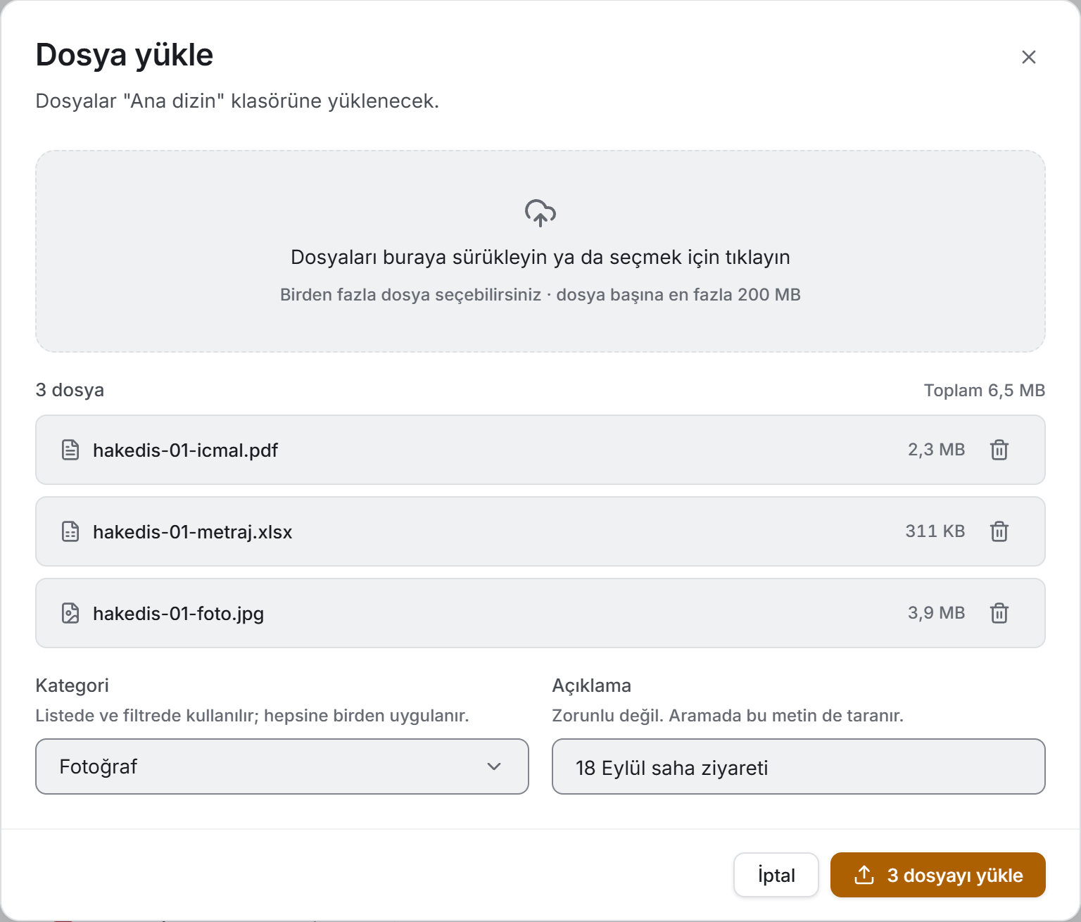 Bırakma alanı, kuyruktaki dosyalar, kategori ve açıklama