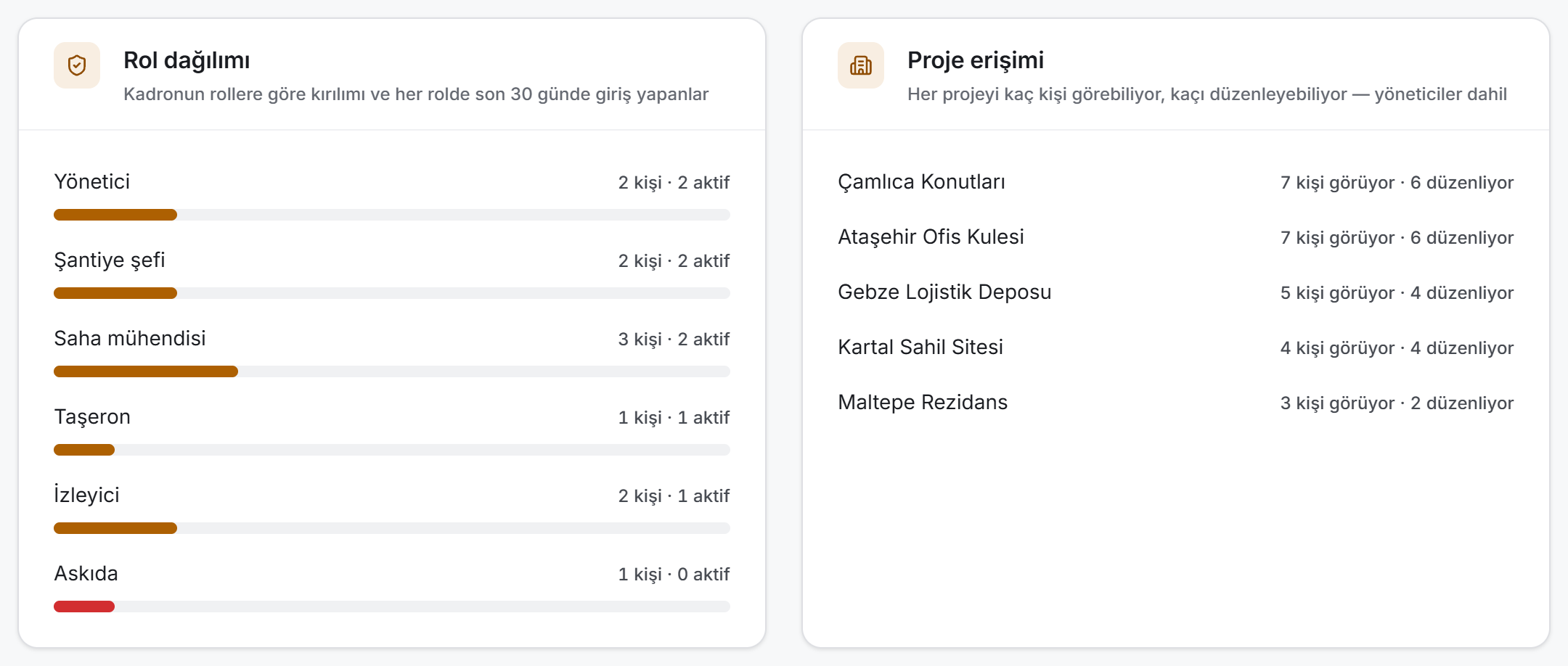 Rol dağılımı ve proje erişimi kartları