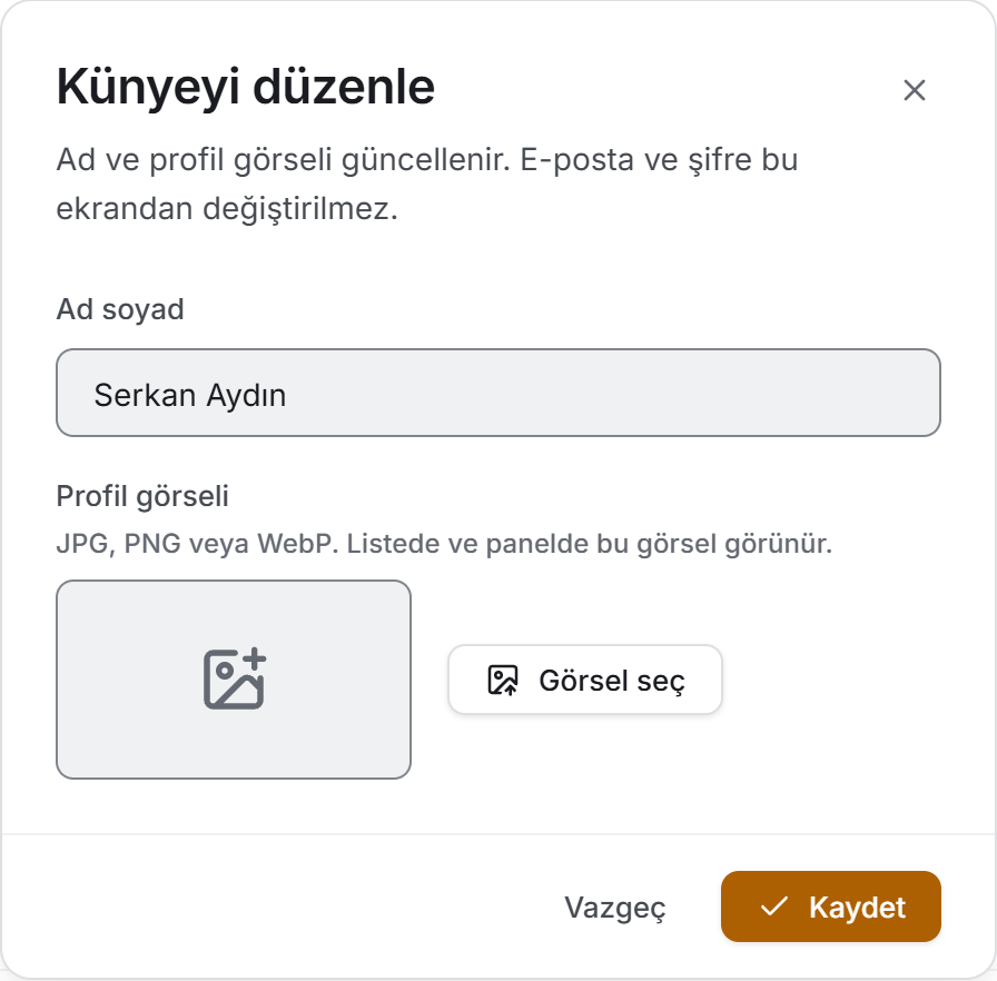 Künye düzenleme: ad ve profil görseli