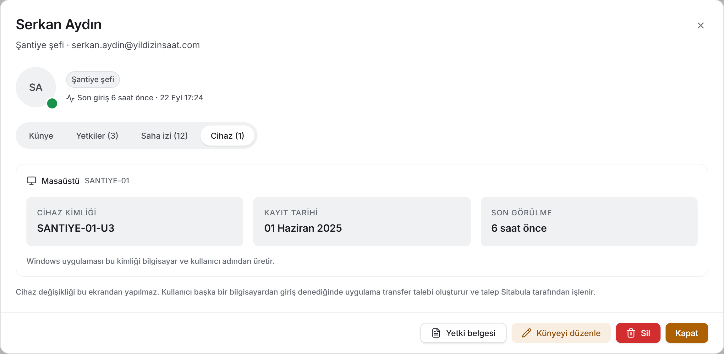 Cihaz sekmesi: kayıtlı cihazın künyesi
