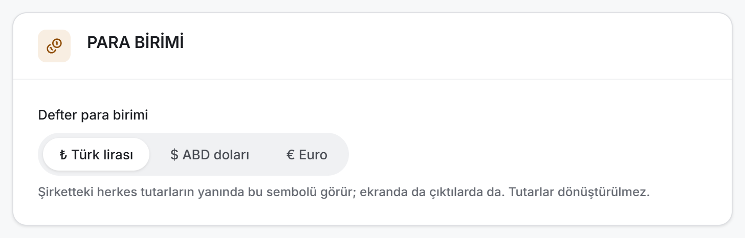 Yönetici görünümü: üç para birimi seçeneği