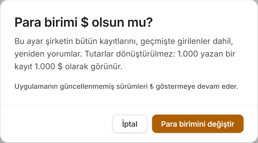 Para birimi onay penceresi
