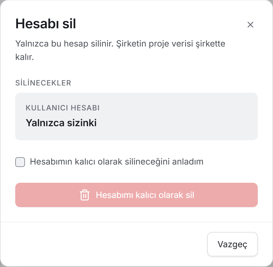 Hesap silme penceresi — yalnızca kendi hesabı