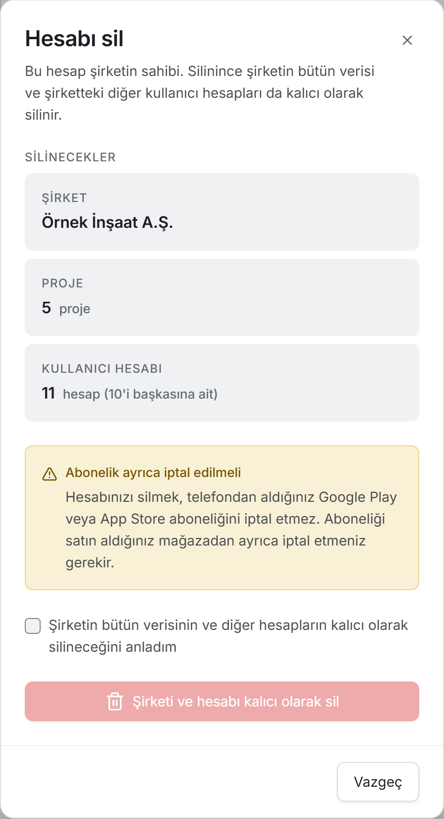 Hesap silme penceresi — şirket sahibi